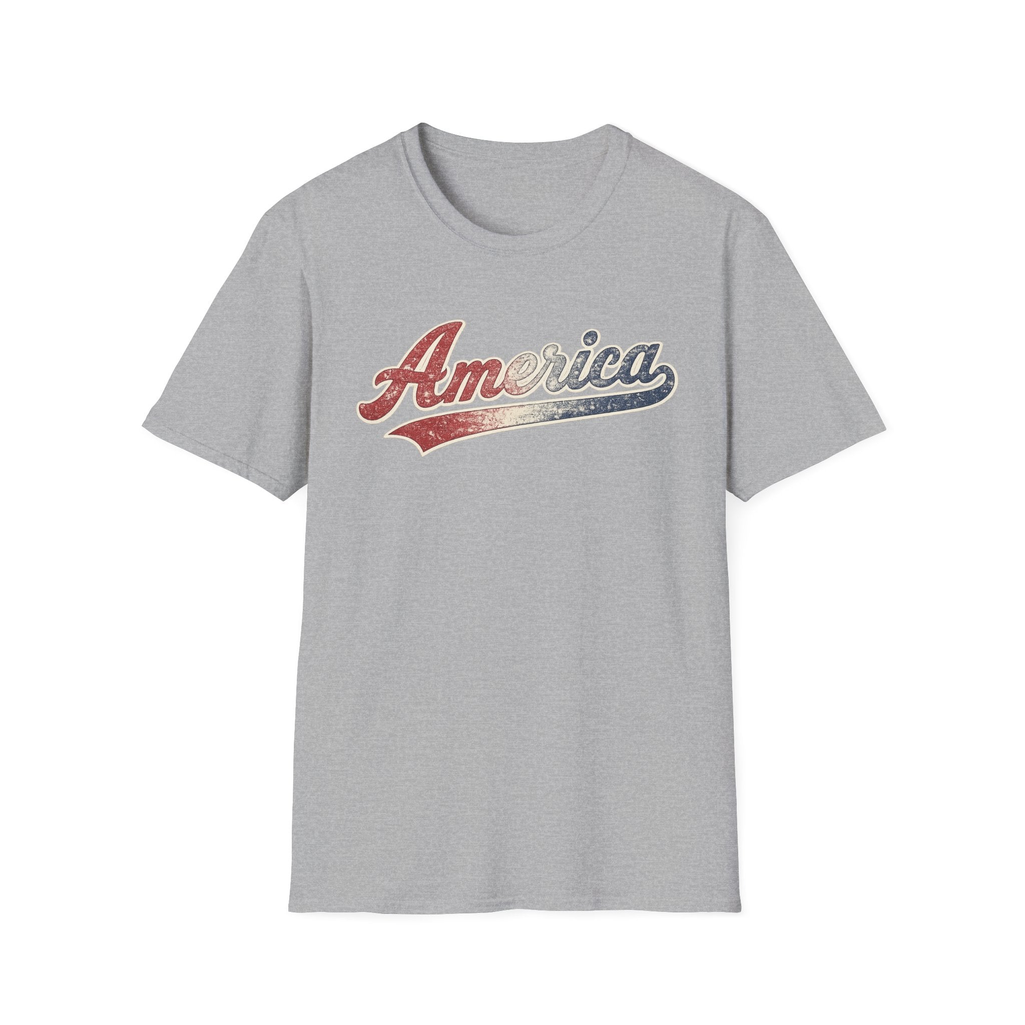 Vintage America Script Patriotic T-Shirt | Distressed Red White Blue Graphic Tee | USA Independence Day Shirt | Retro Americana Tee