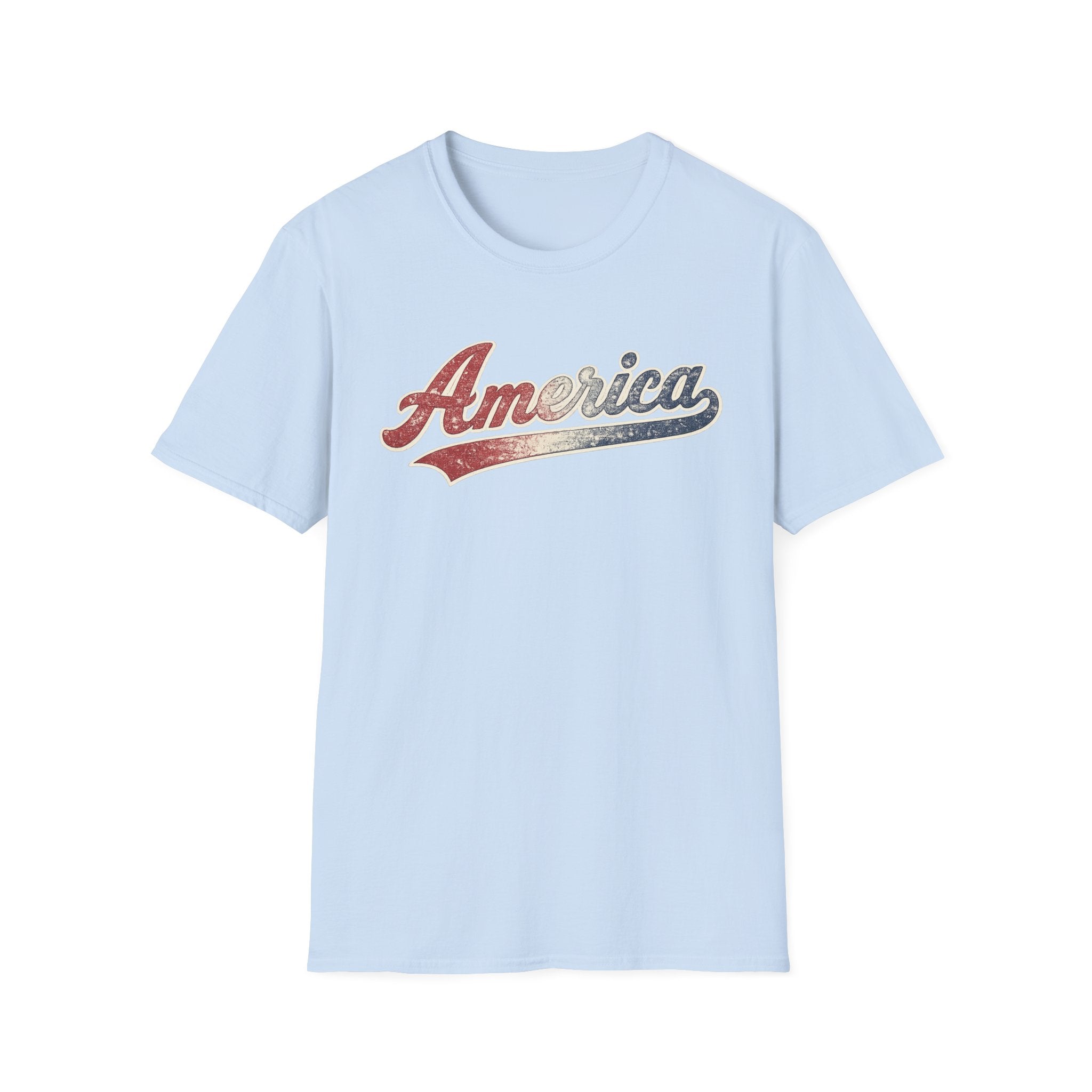 Vintage America Script Patriotic T-Shirt | Distressed Red White Blue Graphic Tee | USA Independence Day Shirt | Retro Americana Tee