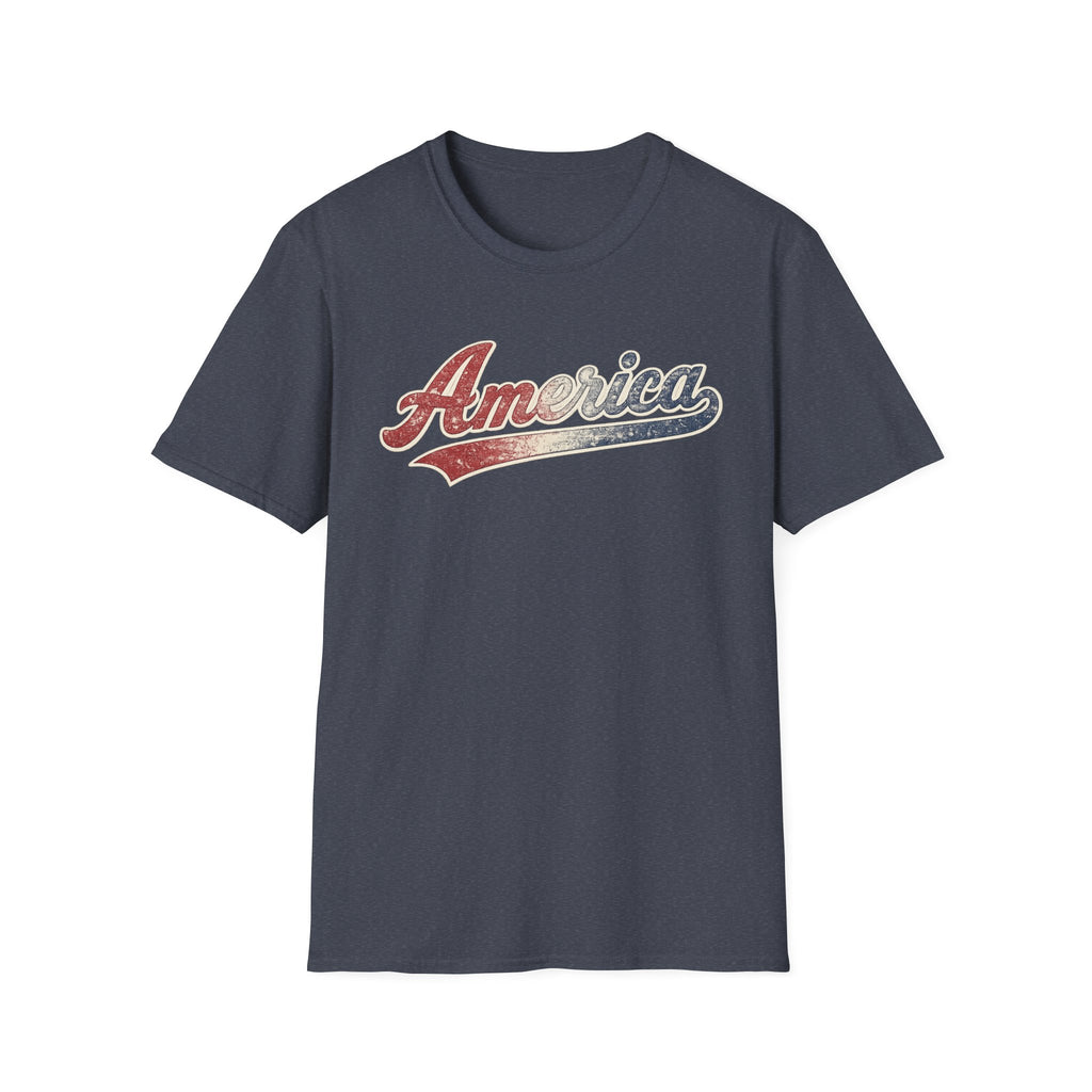 Vintage America Script Patriotic T-Shirt | Distressed Red White Blue Graphic Tee | USA Independence Day Shirt | Retro Americana Tee