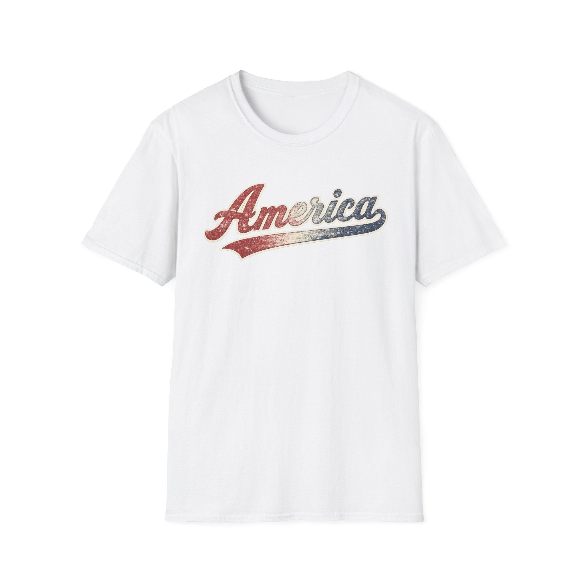 Vintage America Script Patriotic T-Shirt | Distressed Red White Blue Graphic Tee | USA Independence Day Shirt | Retro Americana Tee