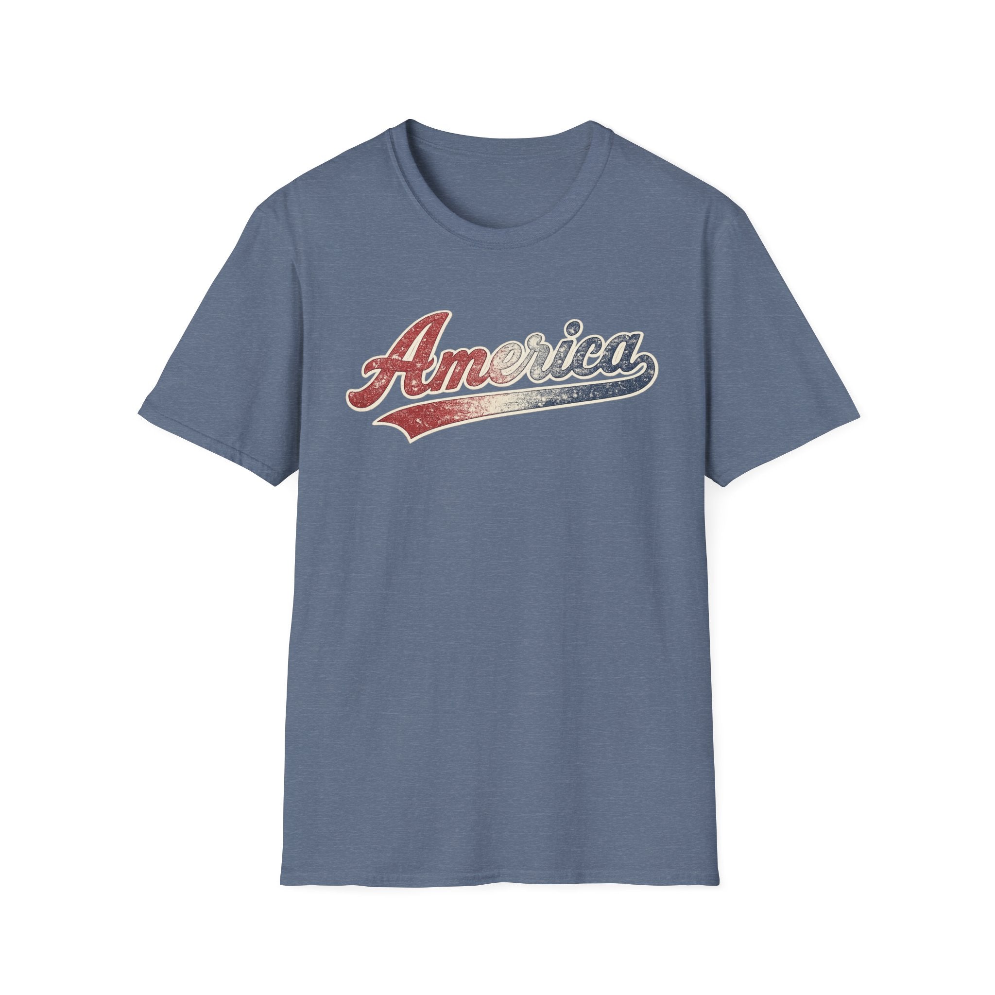 Vintage America Script Patriotic T-Shirt | Distressed Red White Blue Graphic Tee | USA Independence Day Shirt | Retro Americana Tee