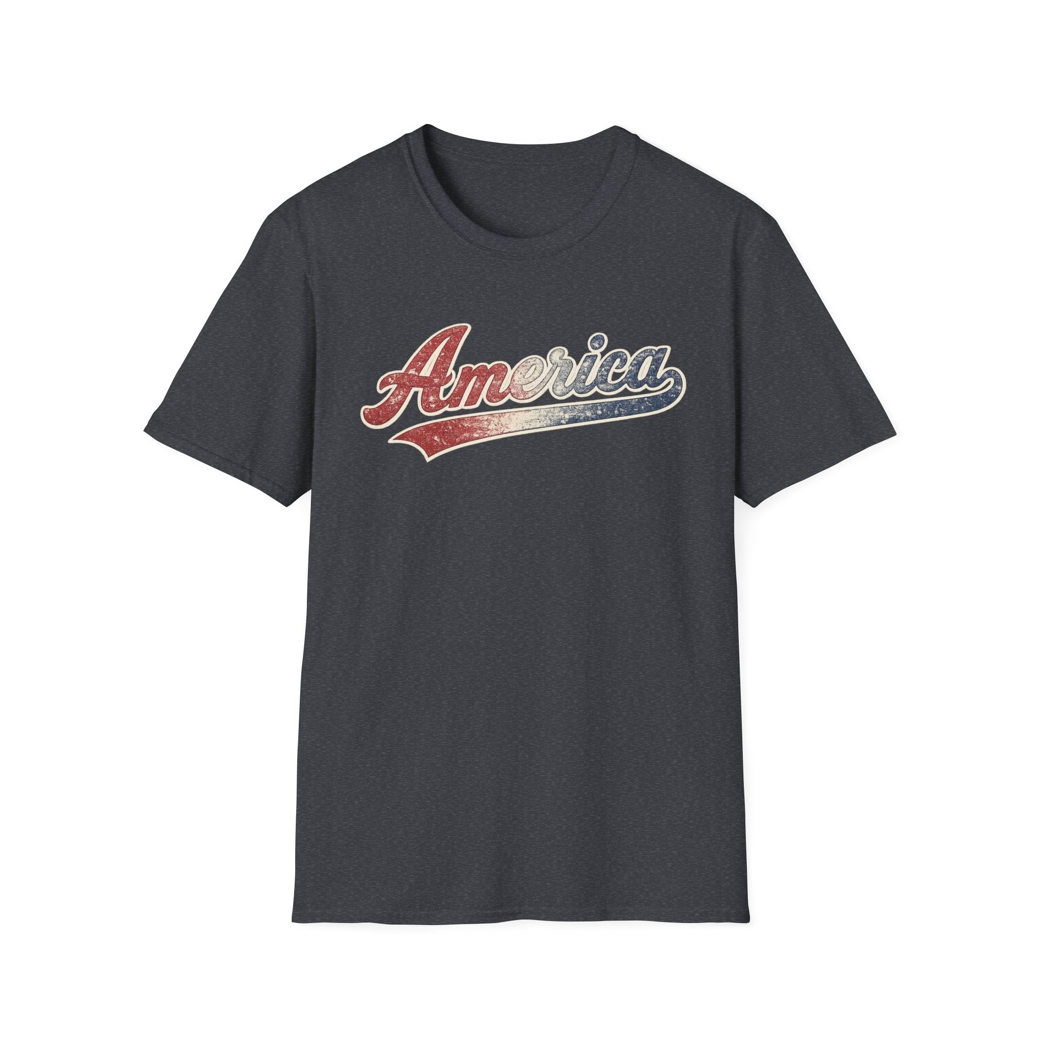 Vintage America Script Patriotic T-Shirt | Distressed Red White Blue Graphic Tee | USA Independence Day Shirt | Retro Americana Tee