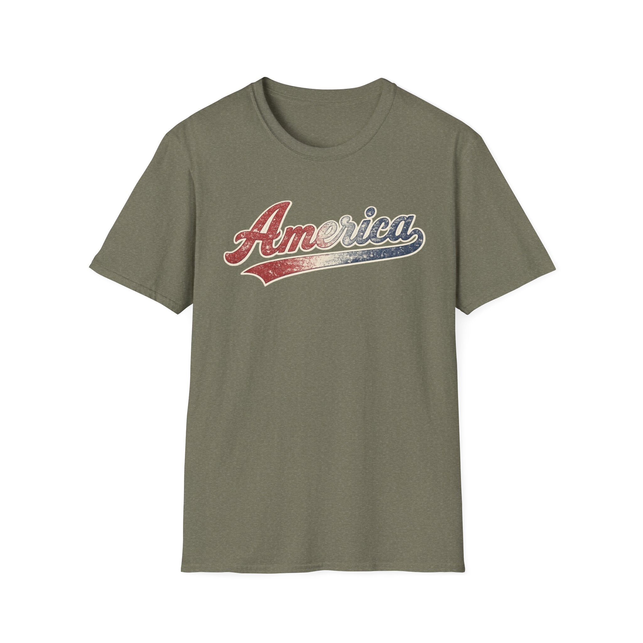 Vintage America Script Patriotic T-Shirt | Distressed Red White Blue Graphic Tee | USA Independence Day Shirt | Retro Americana Tee