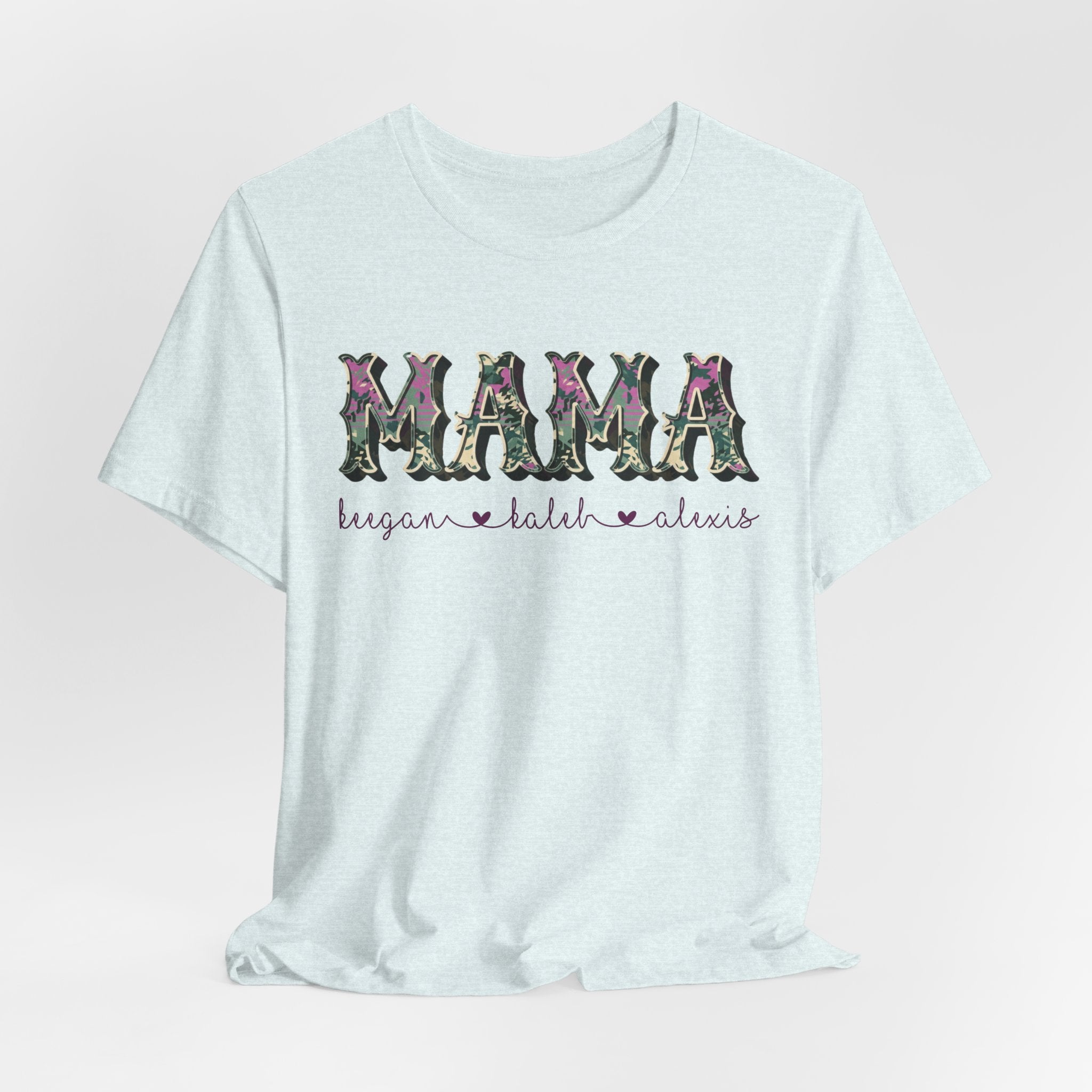 Personalized Purple Camo MAMA Shirt with Kids Names | Custom Mom Gift | Mother's Day Tee | Family Name Shirt