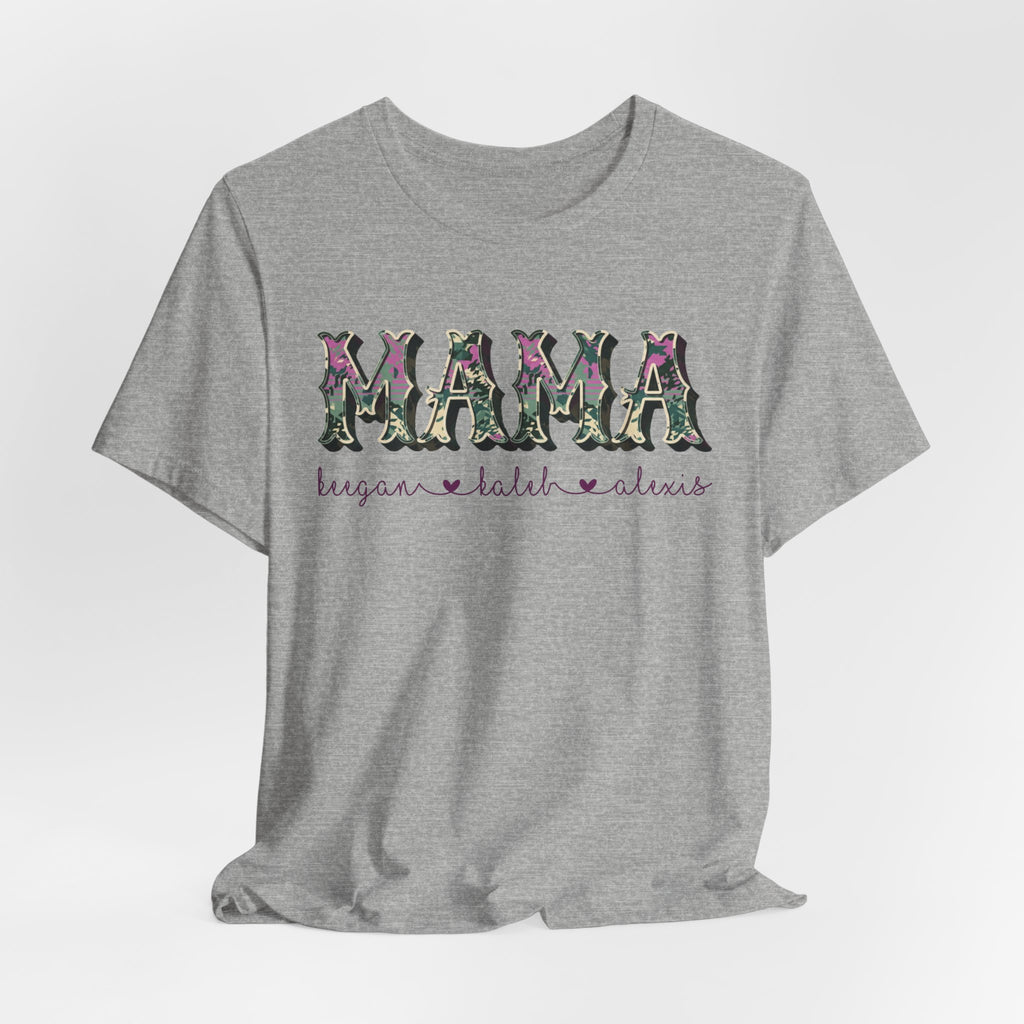Personalized Purple Camo MAMA Shirt with Kids Names | Custom Mom Gift | Mother's Day Tee | Family Name Shirt