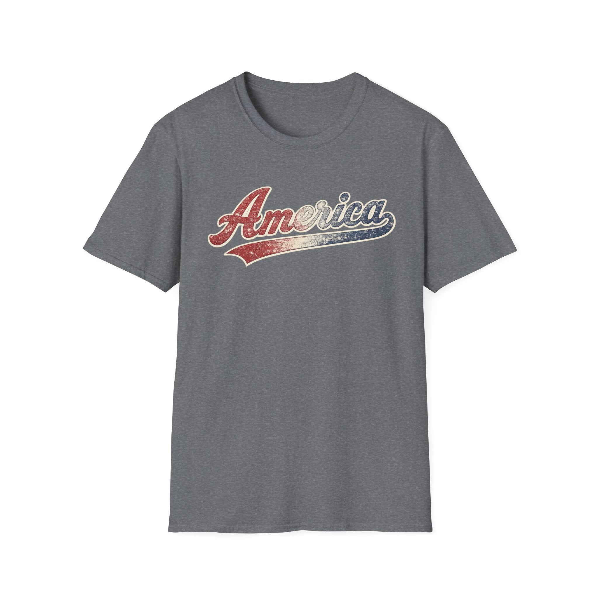 Vintage America Script Patriotic T-Shirt | Distressed Red White Blue Graphic Tee | USA Independence Day Shirt | Retro Americana Tee