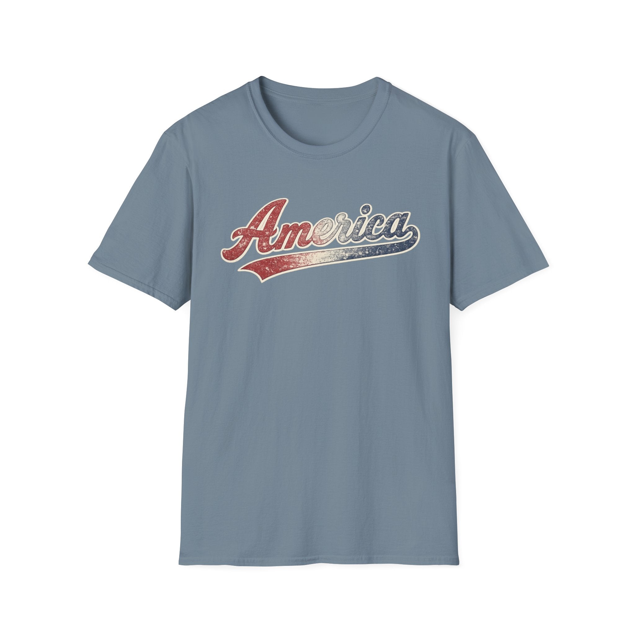 Vintage America Script Patriotic T-Shirt | Distressed Red White Blue Graphic Tee | USA Independence Day Shirt | Retro Americana Tee