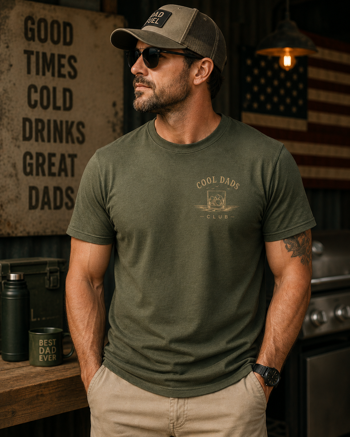 Cool Dads Club Whiskey Tee – Vintage Dad Shirt | Retro Whiskey Glass Graphic T-Shirt | Comfort Colors Military Green Tee | Father’s Day Gift for Dad