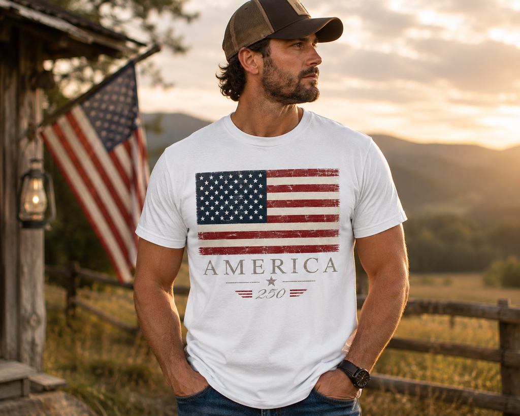 America 250 Vintage Flag T-Shirt | Patriotic USA Anniversary Tee | Americana Heritage Shirt