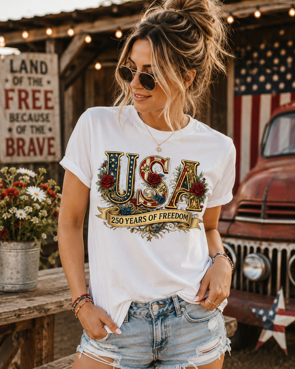 USA 250 Years of Freedom Shirt | Vintage Patriotic Floral Graphic Tee | 1776–2026 Anniversary Shirt