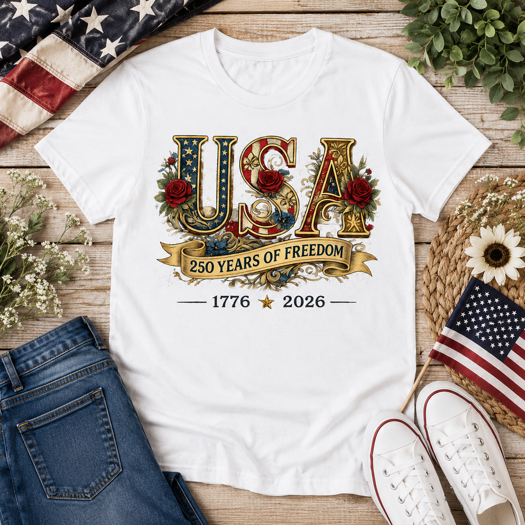 USA 250 Years of Freedom Shirt | Vintage Patriotic Floral Graphic Tee | 1776–2026 Anniversary Shirt