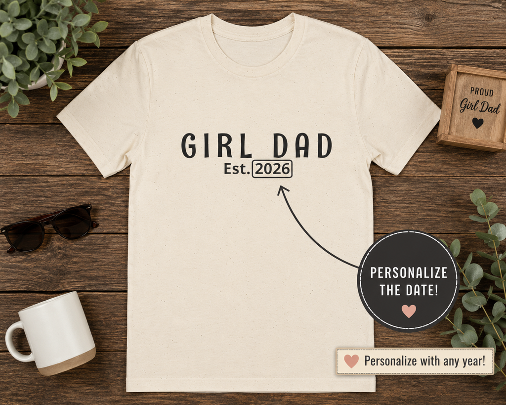Personalized “Girl Dad Est. 2026” Minimalist Fatherhood T-Shirt | Modern Dad Tee | New Dad Gift | Sport Grey Graphic Shirt