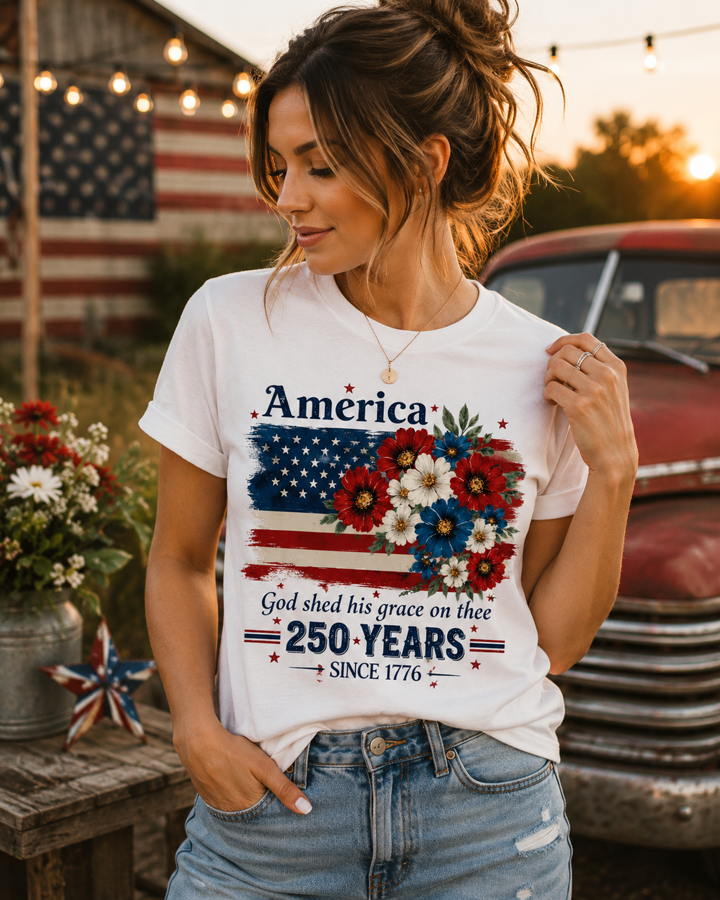 America 250 Years Shirt | God Shed His Grace on Thee Patriotic Floral Flag Tee