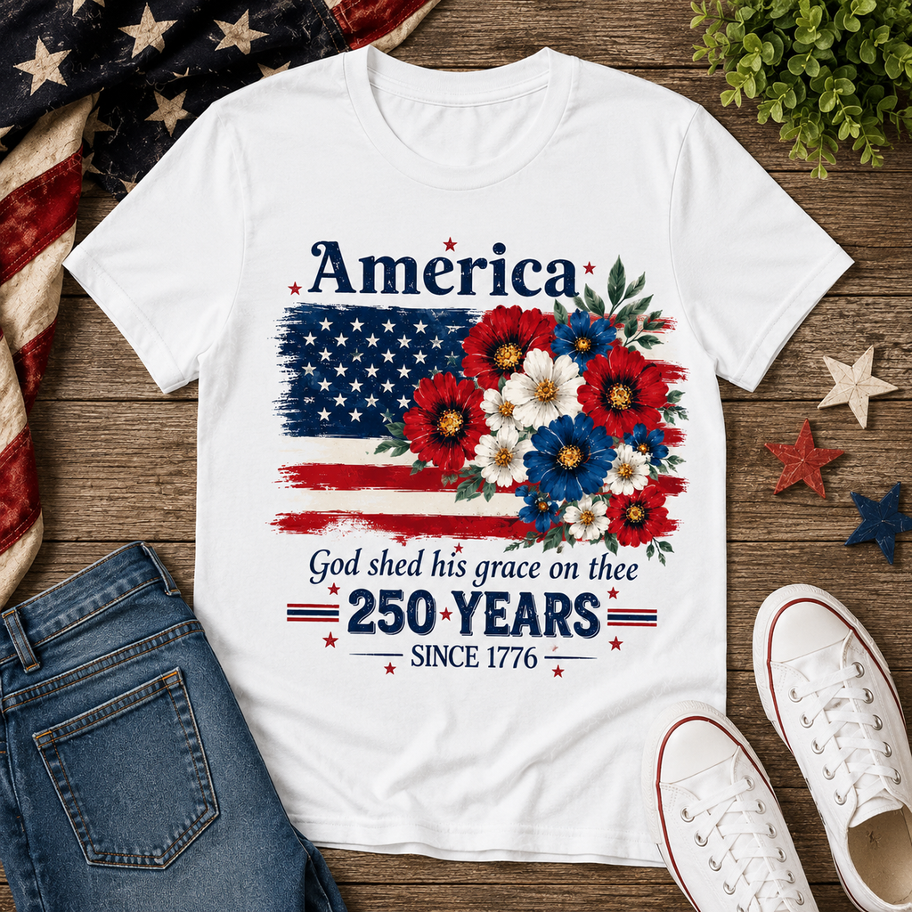 America 250 Years Shirt | God Shed His Grace on Thee Patriotic Floral Flag Tee