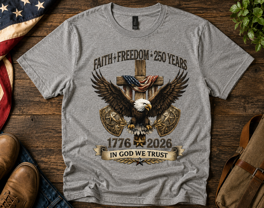 Faith Freedom 250 Years Shirt | In God We Trust Patriotic Eagle Tee | America 1776–2026 Anniversary Shirt
