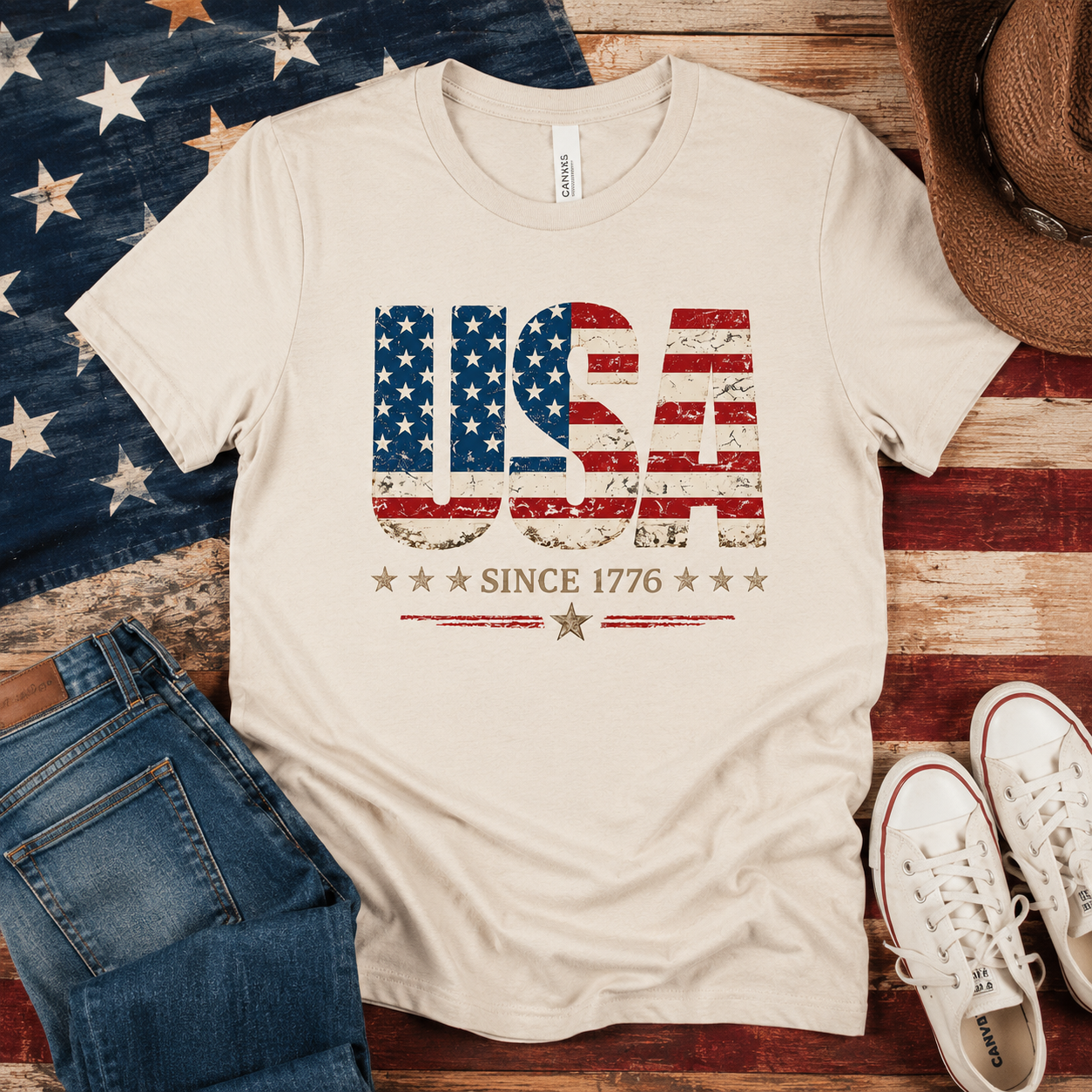 USA Since 1776 Vintage Patriotic T-Shirt | Distressed American Flag Graphic Tee