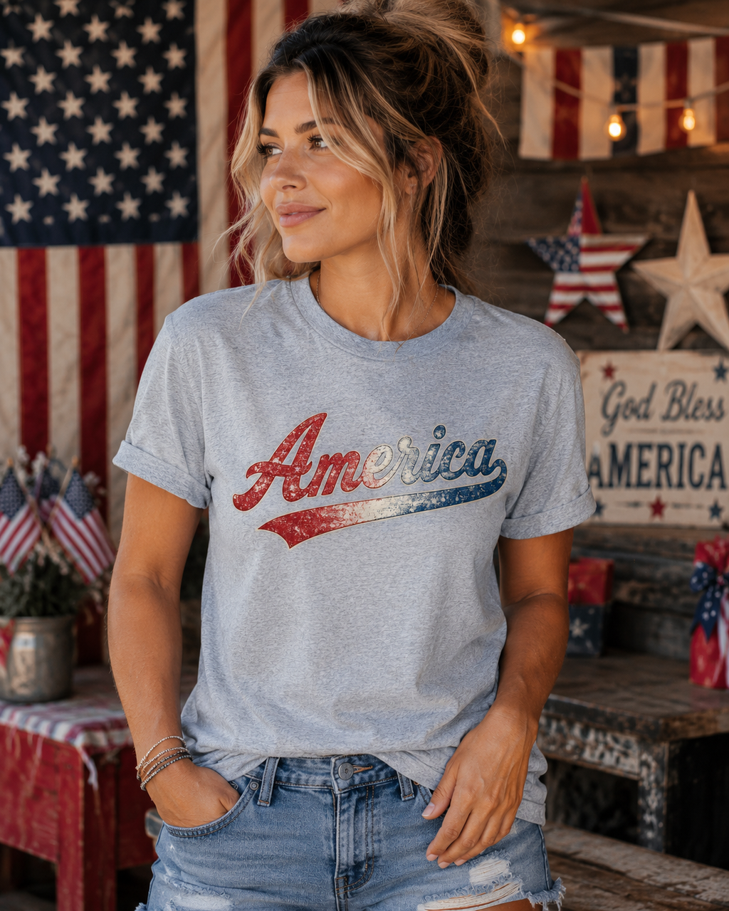Vintage America Script Patriotic T-Shirt | Distressed Red White Blue Graphic Tee | USA Independence Day Shirt | Retro Americana Tee
