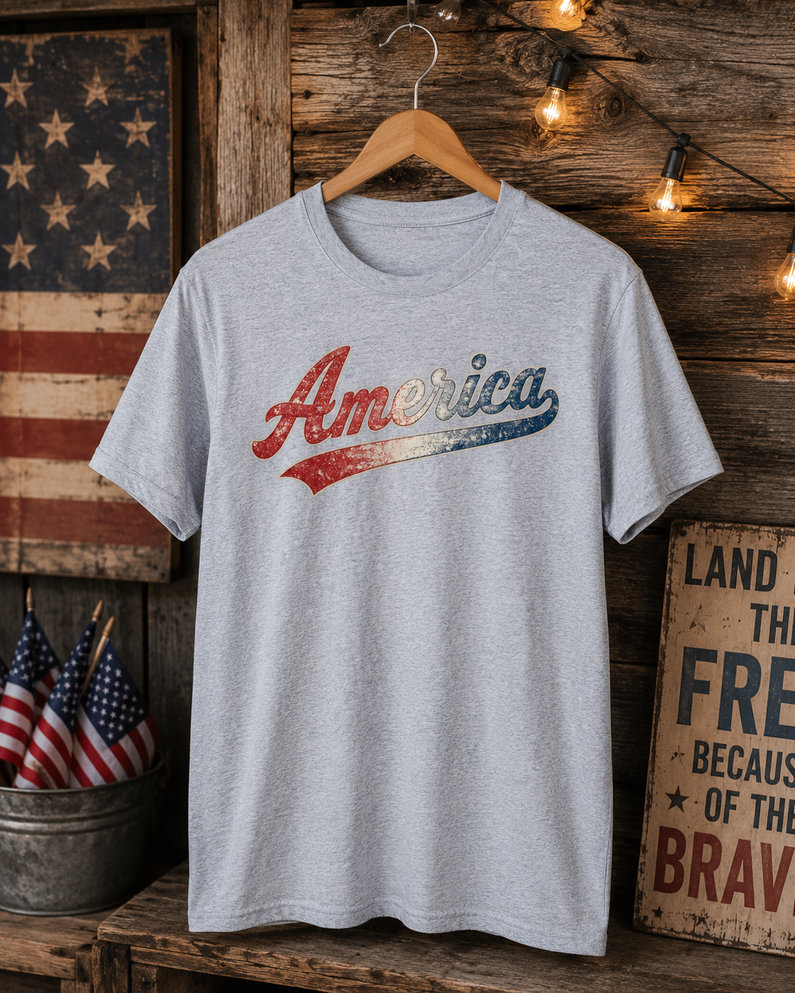 Vintage America Script Patriotic T-Shirt | Distressed Red White Blue Graphic Tee | USA Independence Day Shirt | Retro Americana Tee
