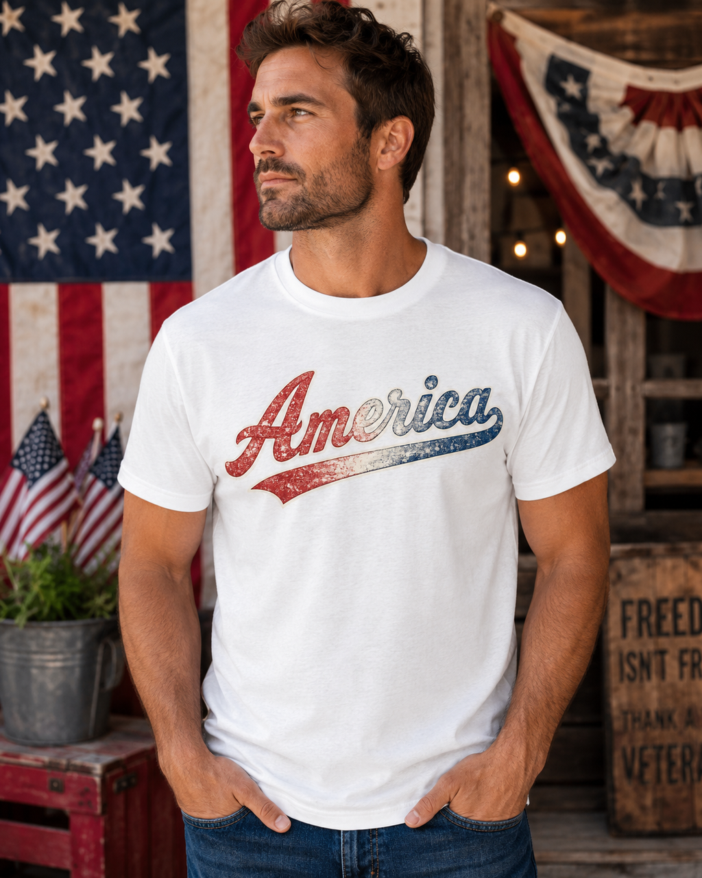 Vintage America Script Patriotic T-Shirt | Distressed Red White Blue Graphic Tee | USA Independence Day Shirt | Retro Americana Tee