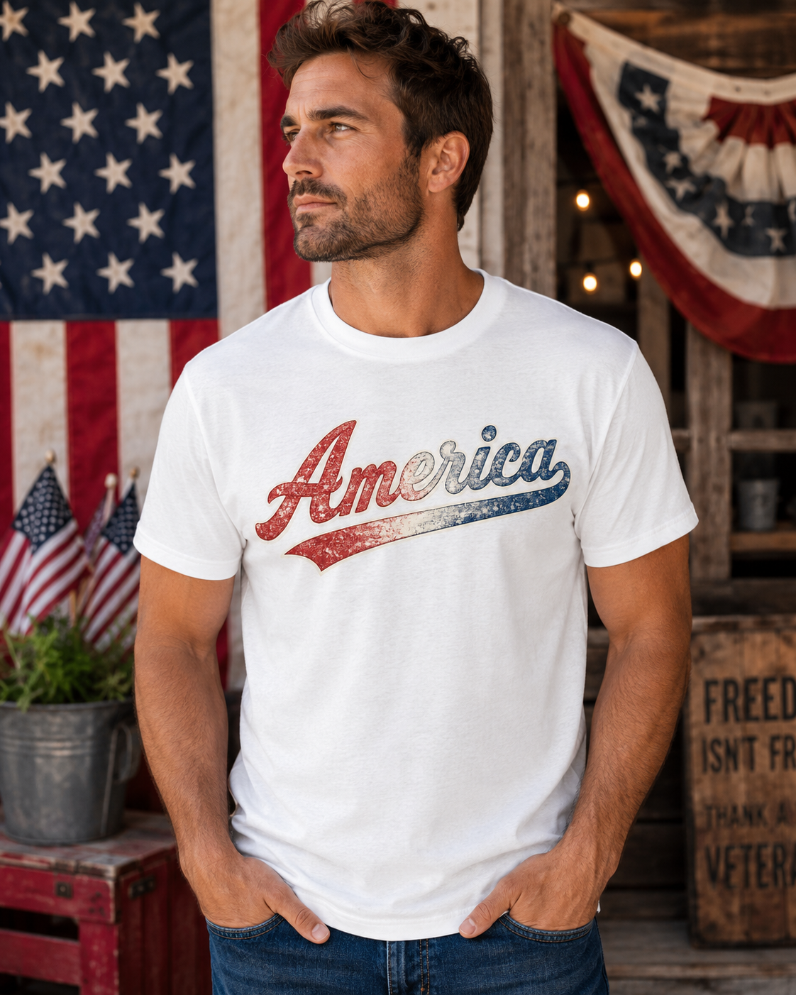 Vintage America Script Patriotic T-Shirt | Distressed Red White Blue Graphic Tee | USA Independence Day Shirt | Retro Americana Tee